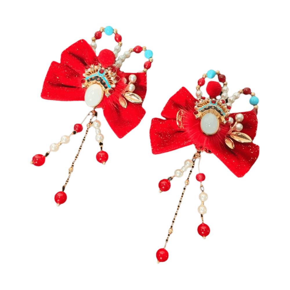 1 Pair Pearl New Year Headwear Chinese Style Bow Tassel Hairpin Hanfu Red Hair Clips New Year Gifts