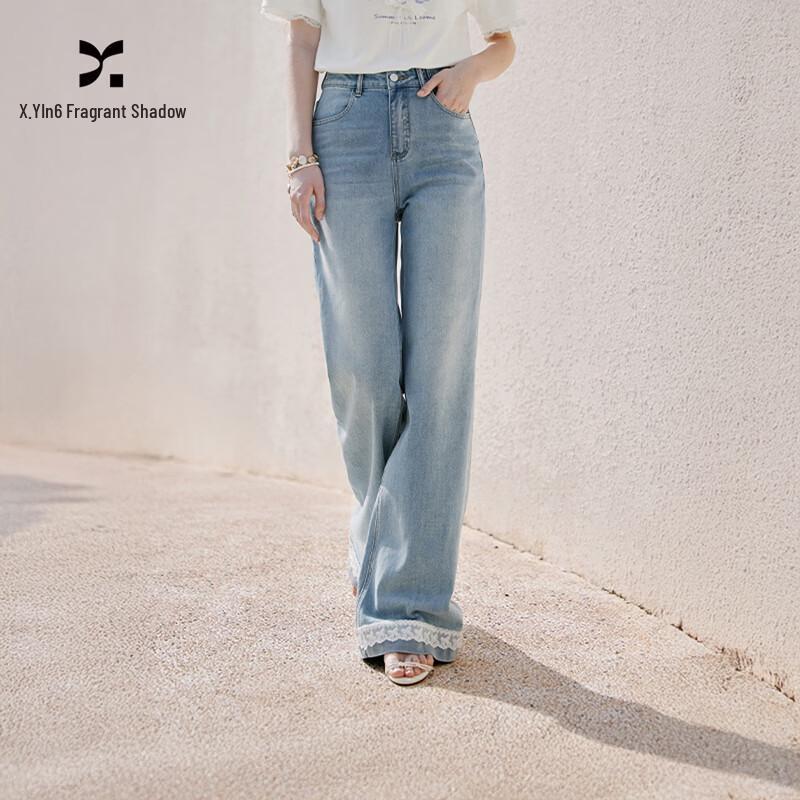 Women s High-Waist Wide-Leg Denim Jeans with Lace Trim L