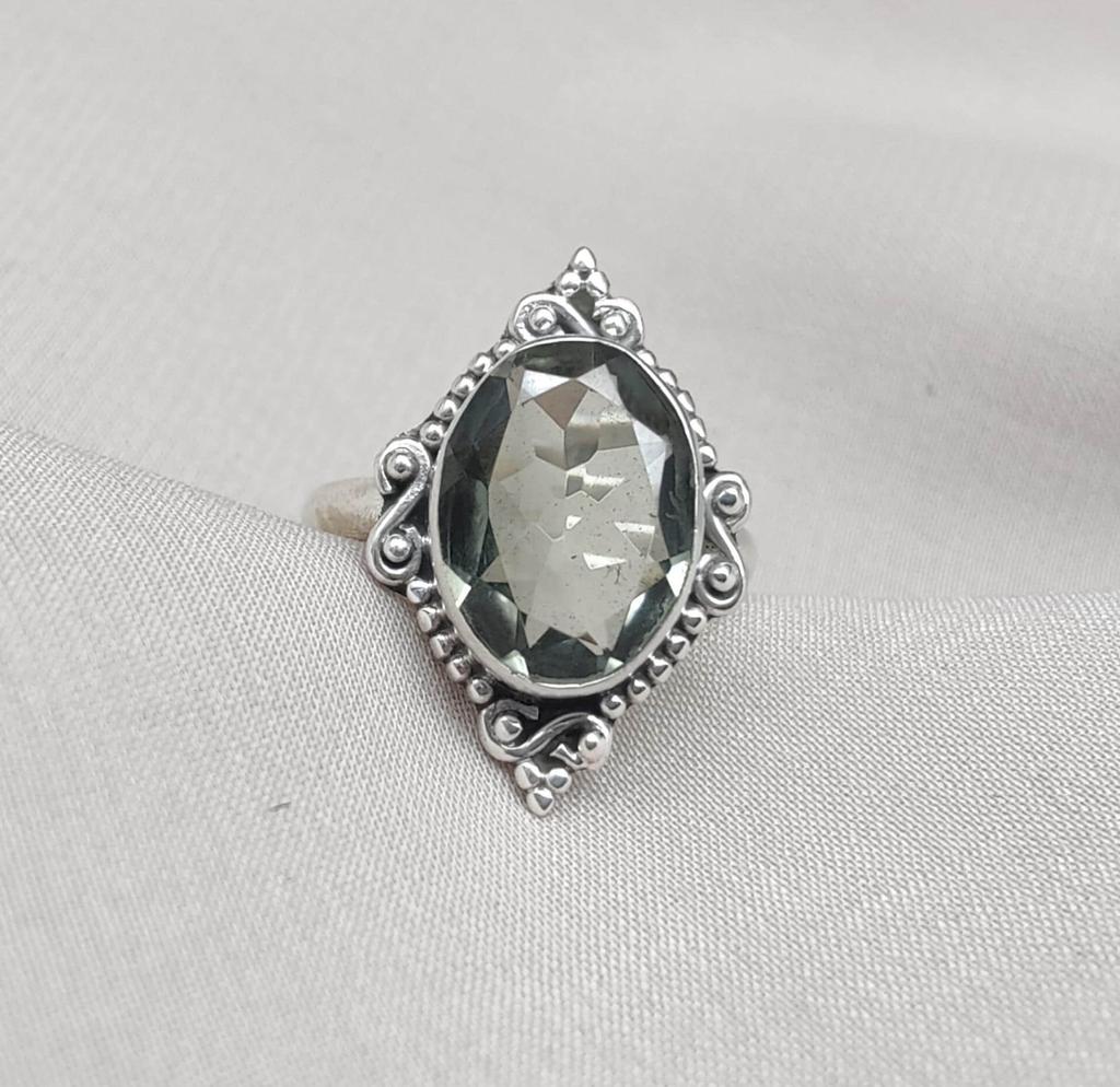 Green Amethyst 925 Sterling Silver Ring: Faceted Oval, Boho Statement Ring