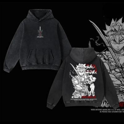 Anime Black Clover Asta Printing Hooded Men Women Cotton Hoodies Vintage Washed Streetwear Harajuku Male Oversized Sweatshirt