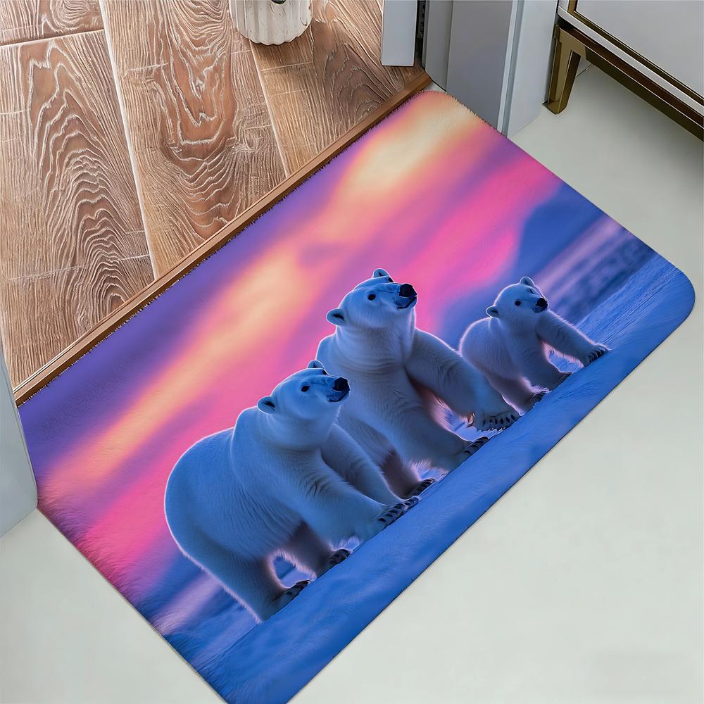Polar Bear With Northern Lights Floor Mat Cozy Flannel Soft Thick Non-Slip Mat For Living Room Bedroom Kitchen Decor Rugs