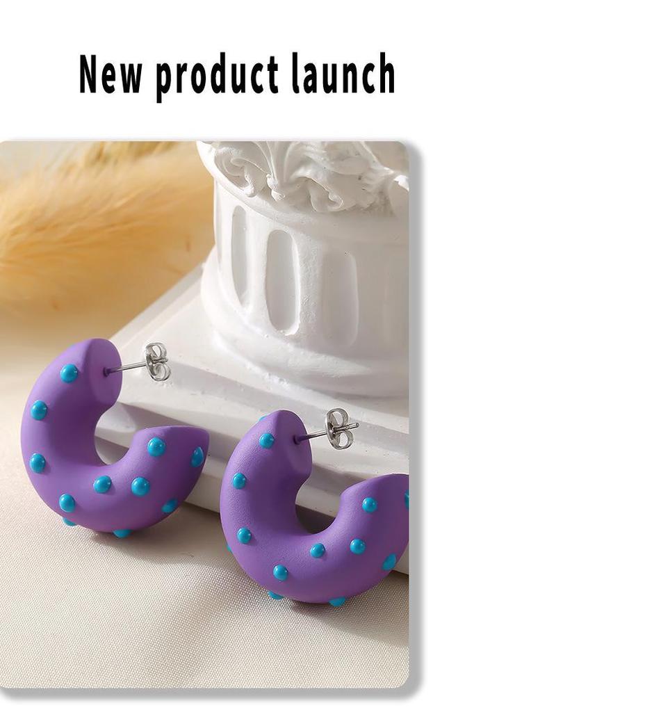 Eco-Friendly Resin Polka Dot C-Shaped Earrings - Trendy Pastoral Style with Stainless Steel, European & American Jewelry.