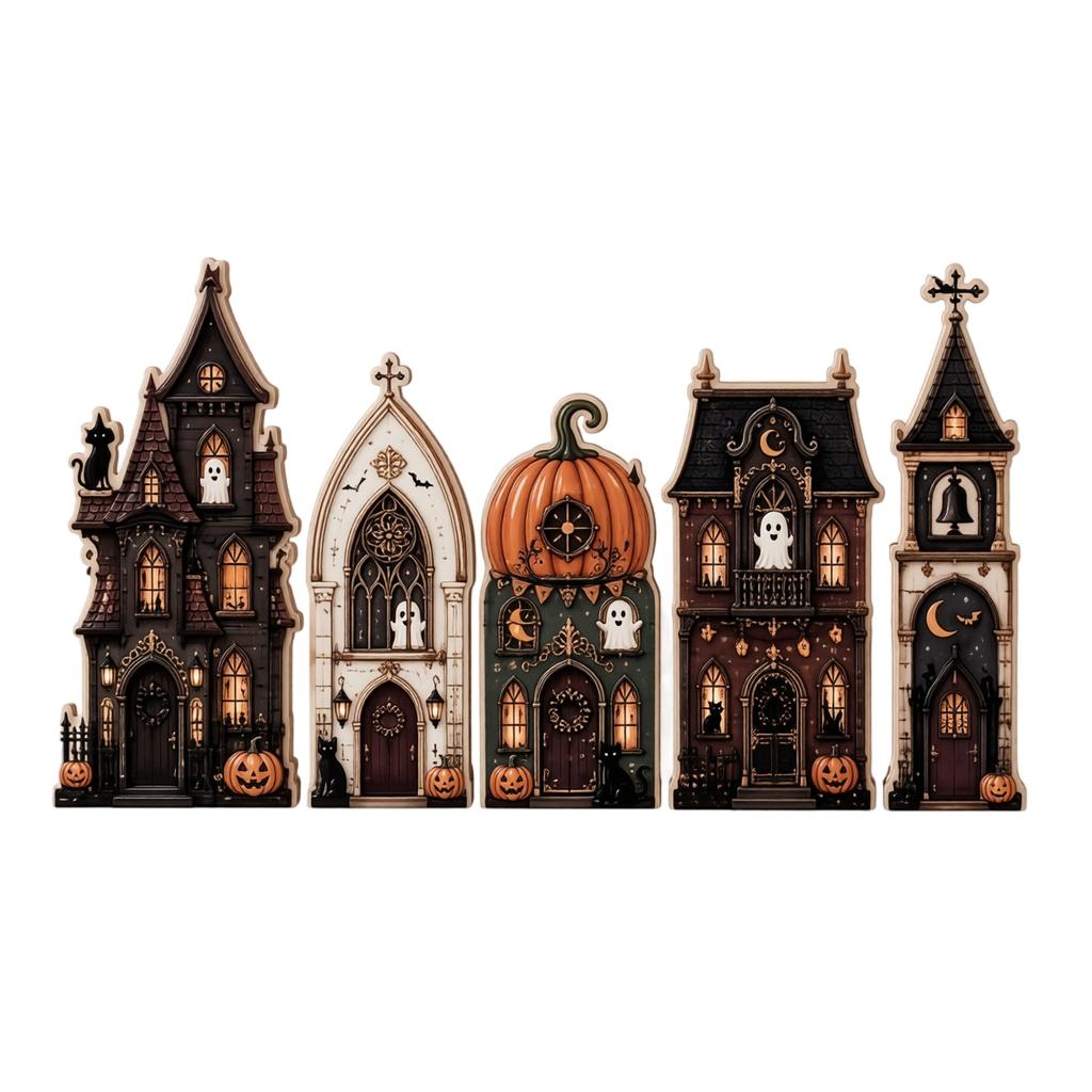 Houten Halloween Huis Tafelblad Dorp Set van 6, Vintage Decor voor Planken Schoorsteenmantel