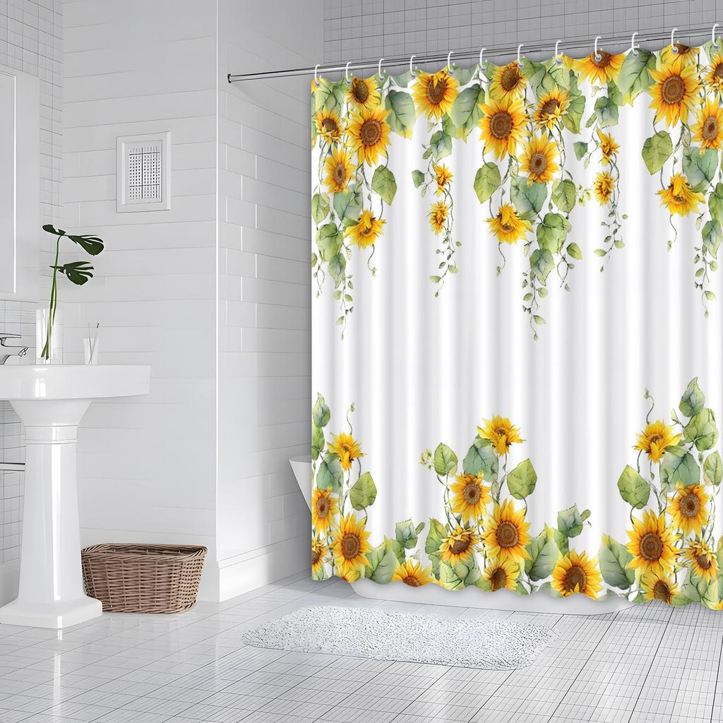 Featuring Vibrant Sunflowers, Green Leaves, Elegant Stripes, And Warm Sunshine For Bright Bathroom Decor