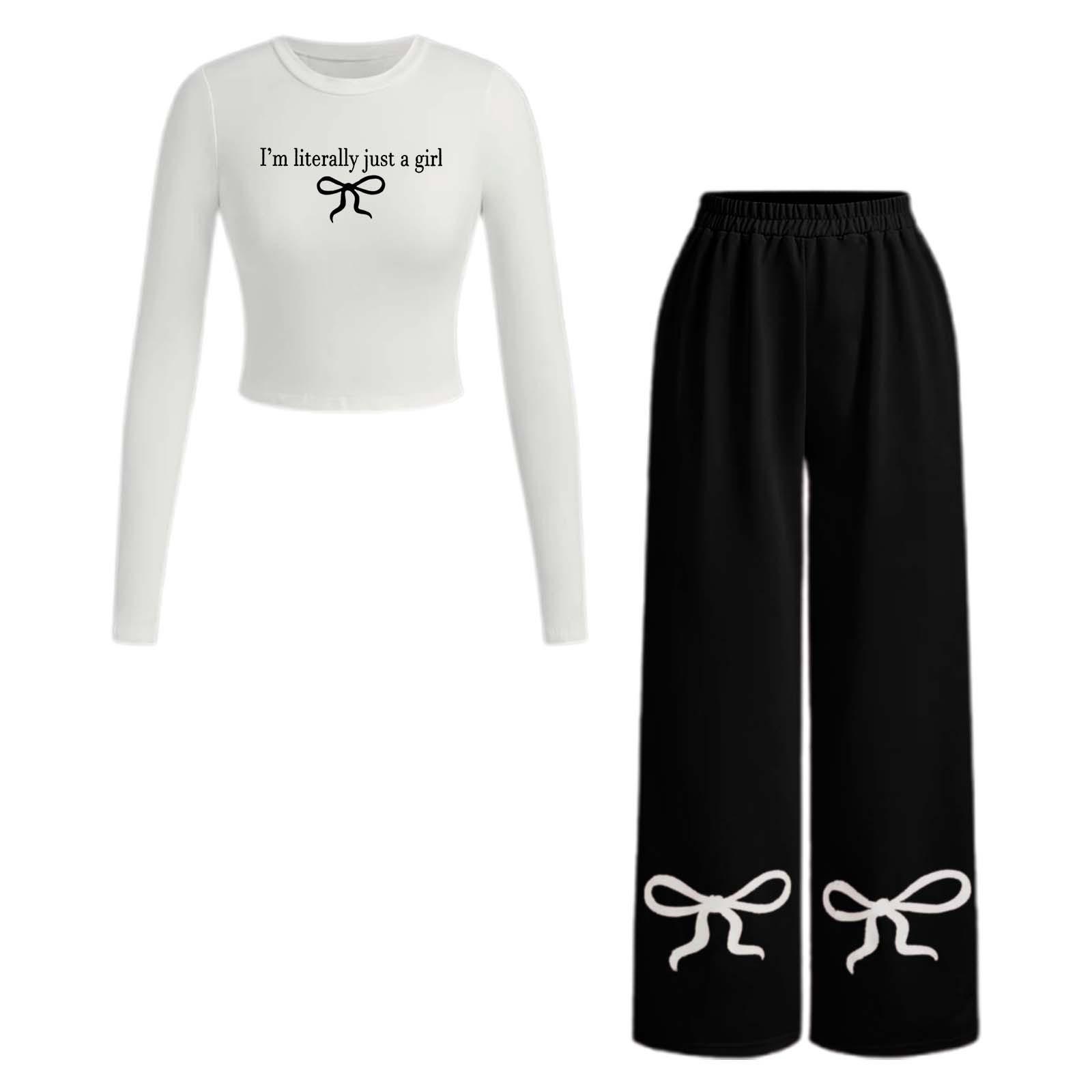 

Женский повседневный и модный однотонный топ с принтом и брюки из двух предметов L чёрный