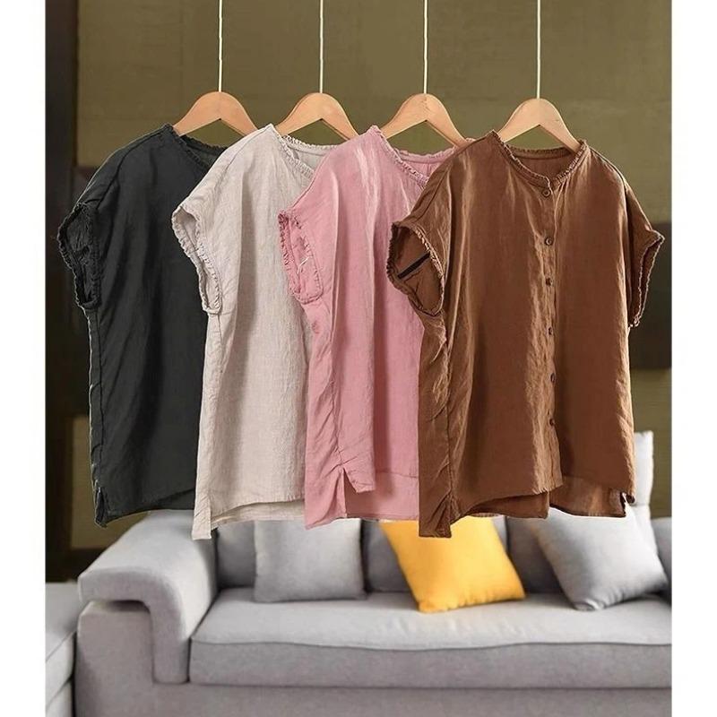 Women Dark Green Linen Blend Blouse With Ruffled Neckline And Red Button Front Casual Summer Top