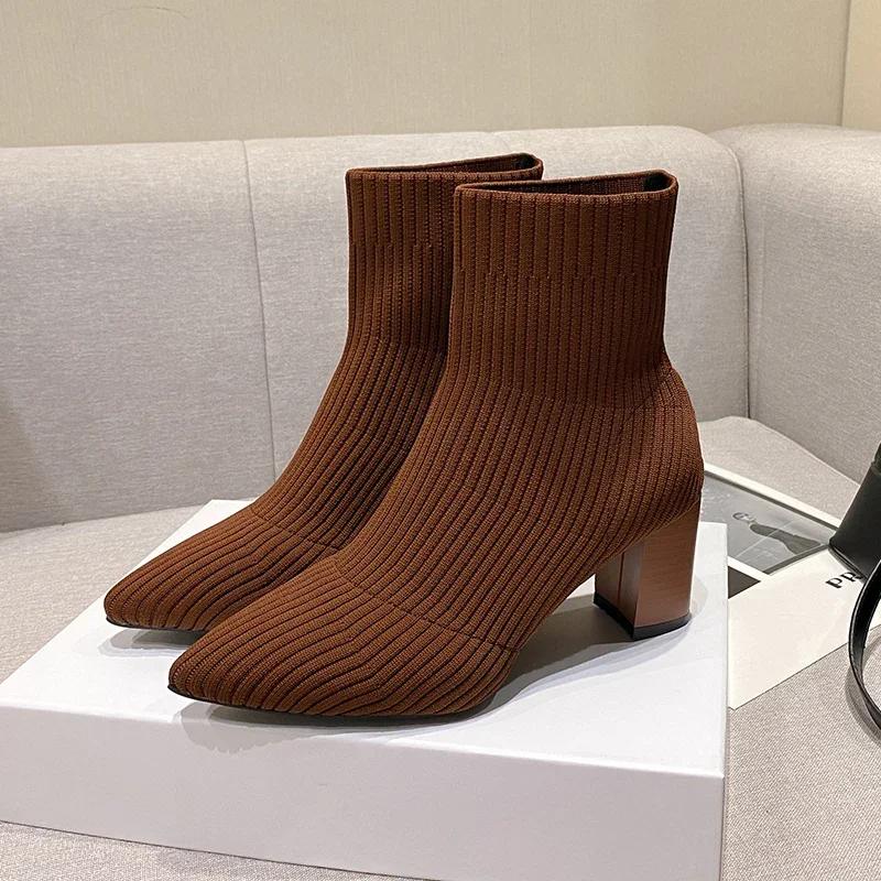 Winter Knitting Sock Boots Women Shoes High Heels Pointed Toe Ankle Boots Brand 2025 Trend New Comfort Elegant Dress Botas Mujer