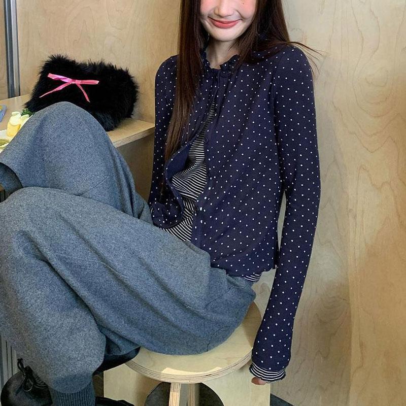 

Korean Polka Dot Spliced Striped Pullovers Autumn New Fake Two Pieces Women s Clothing O-Neck Button Casual Long Sleeve T-shirts S синій