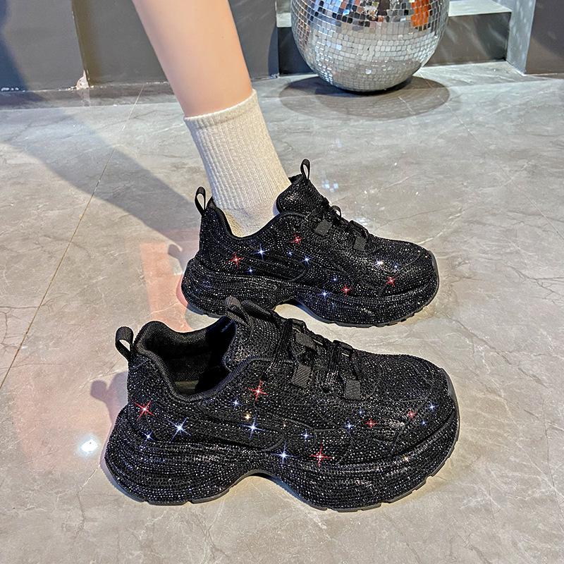 2024 Trendy European Star Rhinestone Thick-Soled Women's Dad Shoes - Large Size Sports Shoes for Autumn/Winter