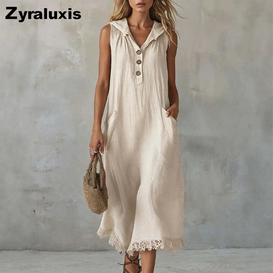 Women s Summer New Button V-Neck Sleeveless Pocket Lace Trim Hemline Hooded Dress S белый