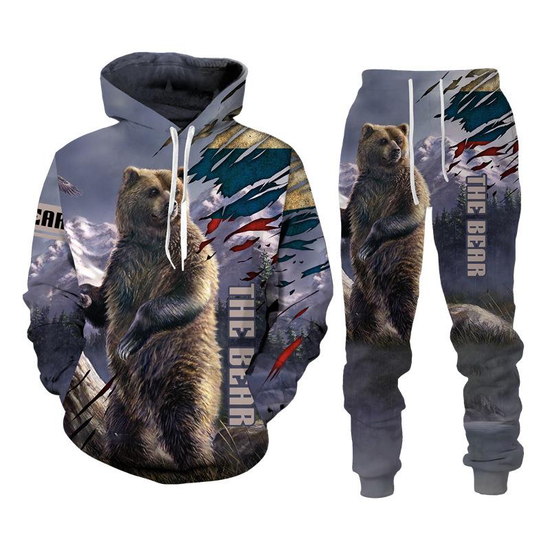 Herren Hoodie Sets Jagd Bär Bogenschütze Tarnung 3D-Druck Hoodies Trainingsanzug Jogginghose 2-teilige Sets Kleidung Übergroß