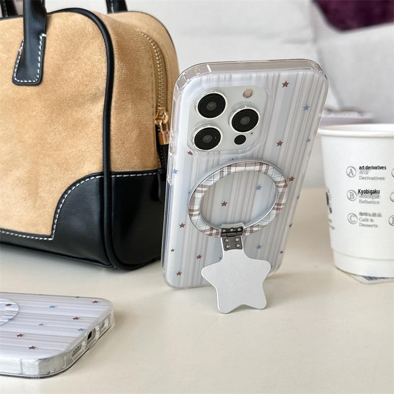Korean-Style Blue Brown Star Patchwork Magnetic Case for iPhone 17/16 Pro Max/15/14