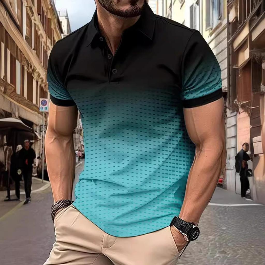 Colour Blocking Gradient Tops Daily Casual Lapel Short Sleeve Polo Shirt Man