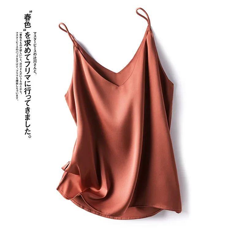 Solid Color Satin V-neck Tank Top for Women Pure Color Satin V-neck Strap Female