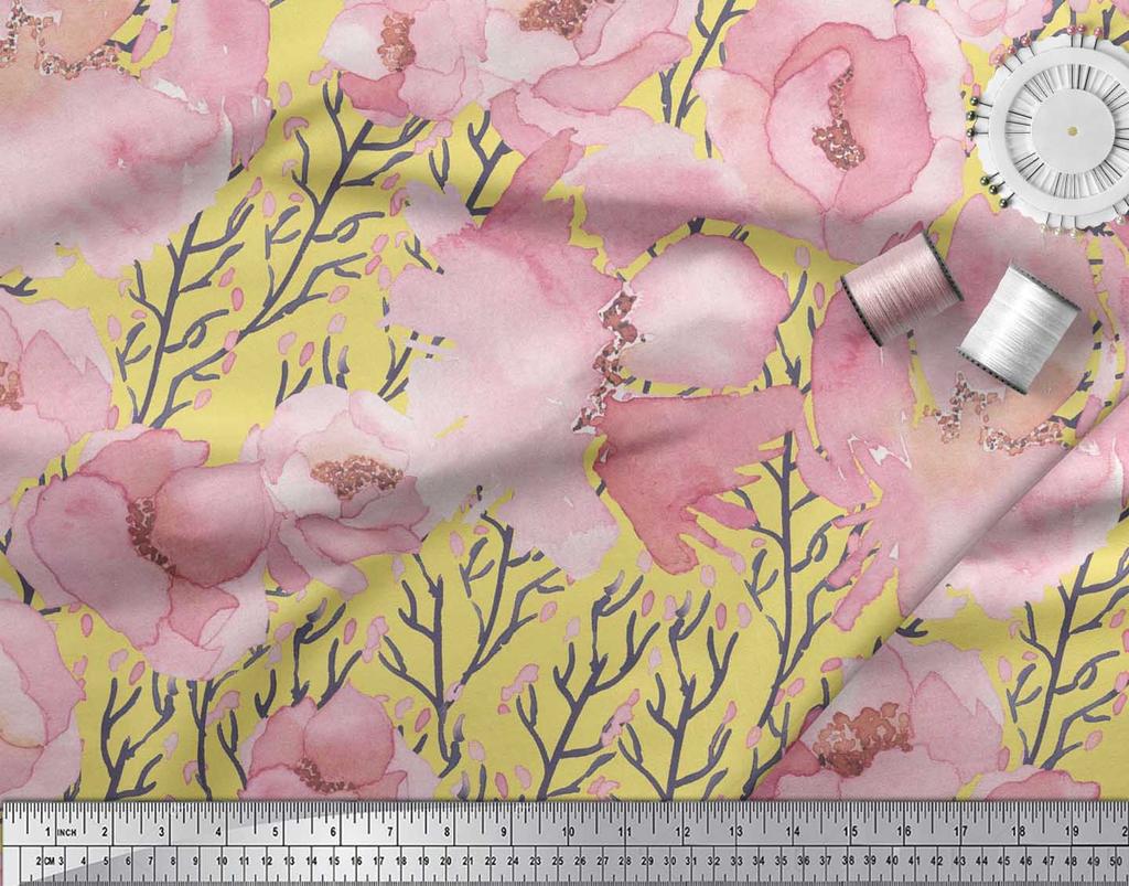 Soimoi Japan Crepe Satin Fabric Peony Watercolor Printed Craft Fabric by the metre 42 Inch