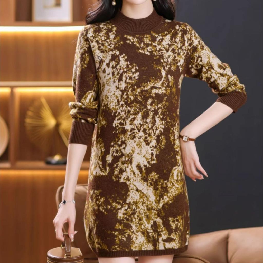 Mid-length Knitted Dress Loose Large-sized Floral Mid-length Sweater for Women Autumn and Winter Casual Long-sleeved Pullover