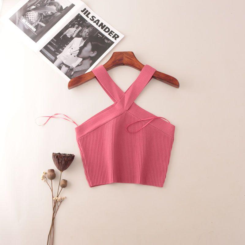 American Fashion Brand Cross Hanging Neck Cami Summer Rib Solid Sexy Short Knitted Top Women