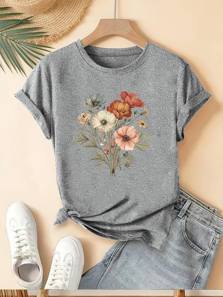 Floral Fashion Tee Breathable Women's Casual Fashion T-Shirt Crew Neck Short Sleeve Colorful Floral Women Clothing