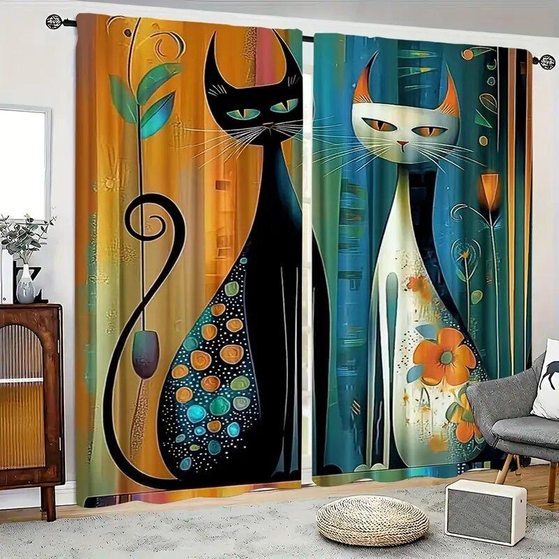 2 stuks - Elegante gordijnen met kattenprint   slaapkamer   woonkamer en keuken decoratie   huisdecoratie   raamdecoratie