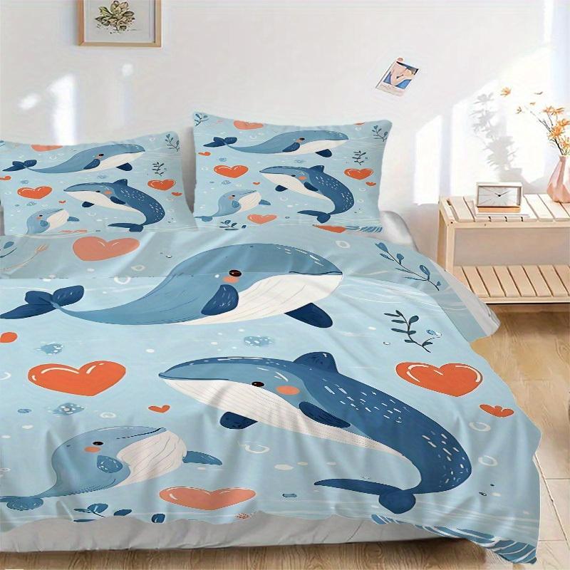 3pcs Whale Heart Print Bedding Set, Suitable for Bedroom Decoration, (Includes 1 Duvet Cover And 2 Pillowcases, Quilt Not Included) Yy250822176