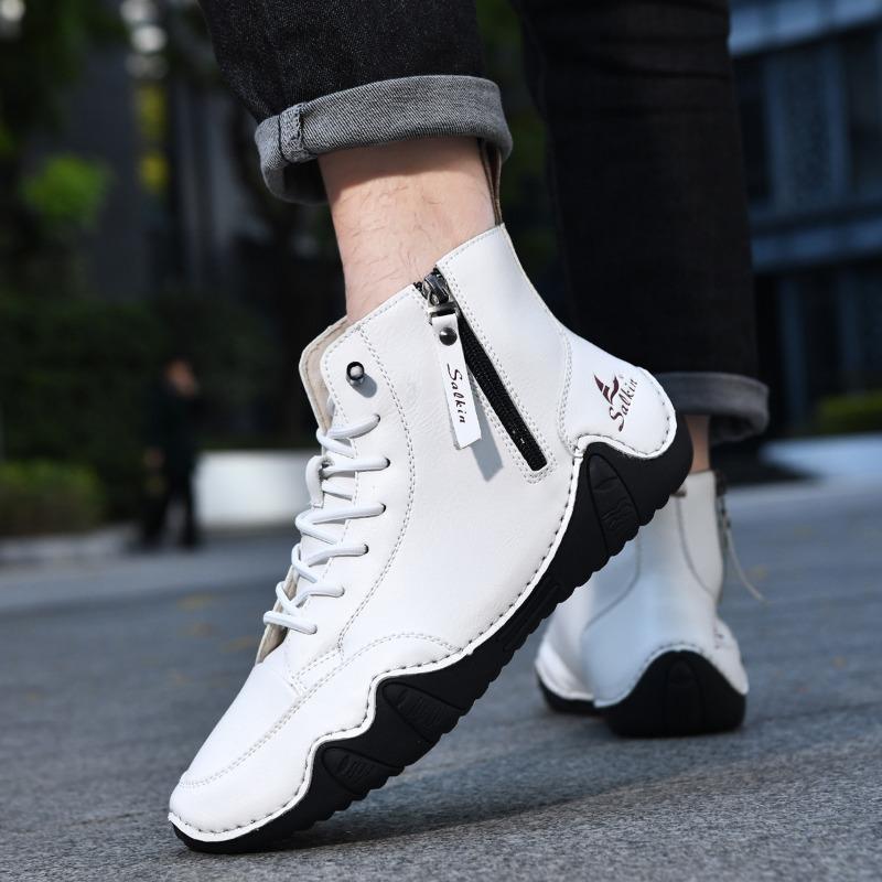 Fashion Classic Men Handmade Leather Ankle Boots 2025 Fashion Zipper Comfortable Short Boots Outdoor Versatile Platform Men Sneakers 48
