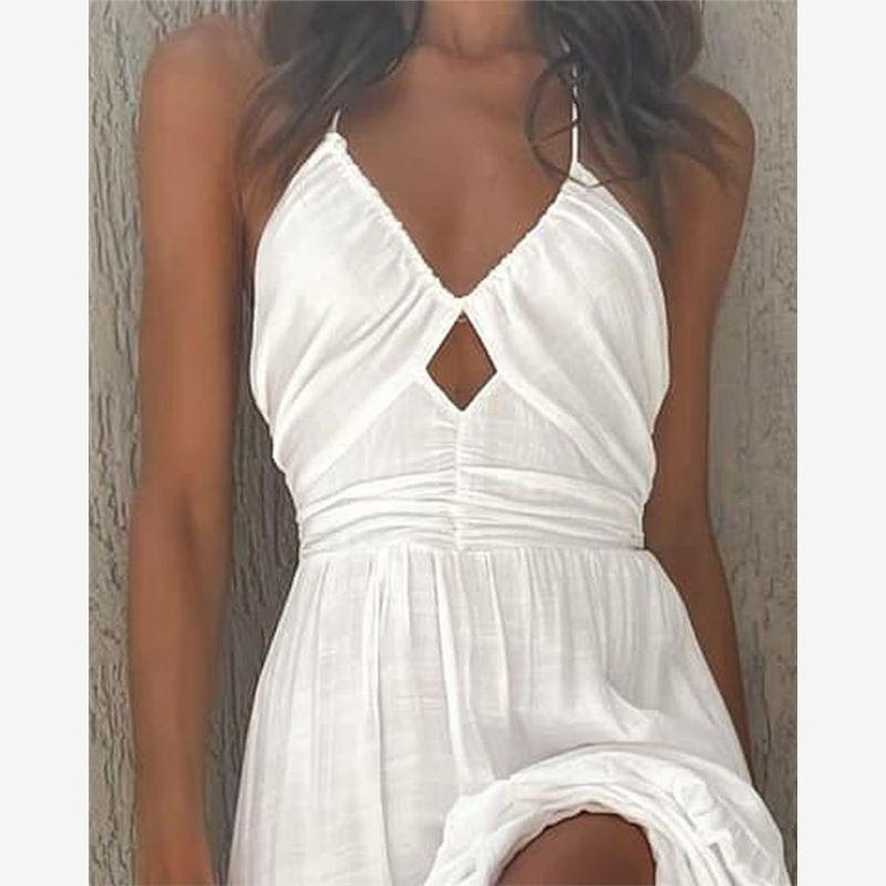 Women Sexy V-neck Suspender Dress Fashion Female Elegant V-neck Hollow Large Swing Dress