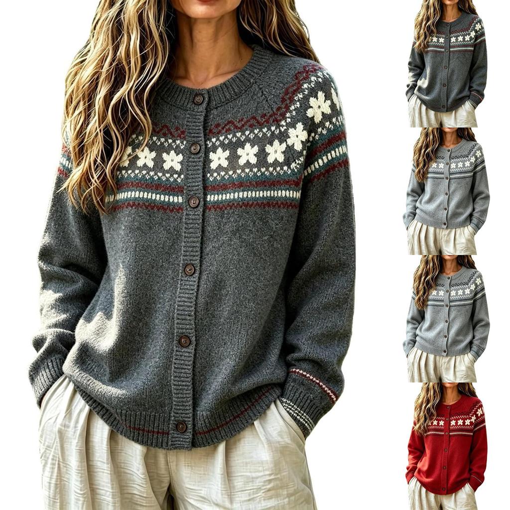 Cappotto Maglione Vintage da Donna con Scollo Tondo, Vestibilità Larga, Bottoni Colorati per Autunno e Inverno