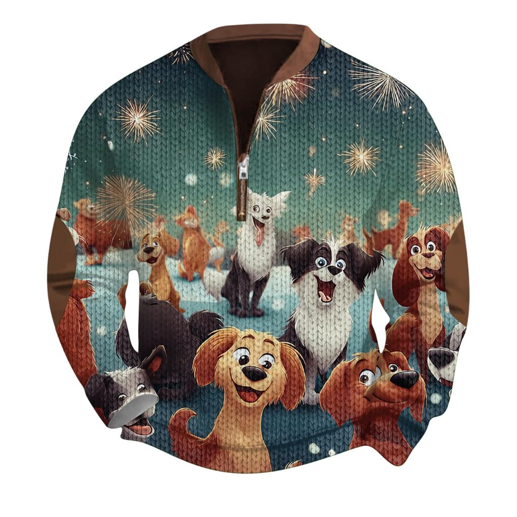 Mens Christmas Sweater Zip Up Sweatshirts Vintage Knit Graphic Sweatshirt Xmas Stand Collar Pullover