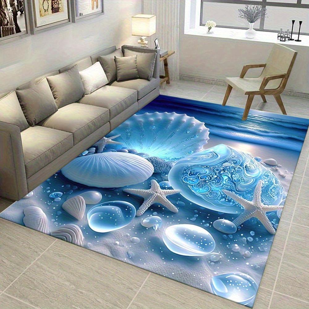 Polyester Beach-Themed Area Mat - Non-Slip Crystal Velvet Mat with Sea Shell and Starfish Design for Living Room, Bedroom, Entry