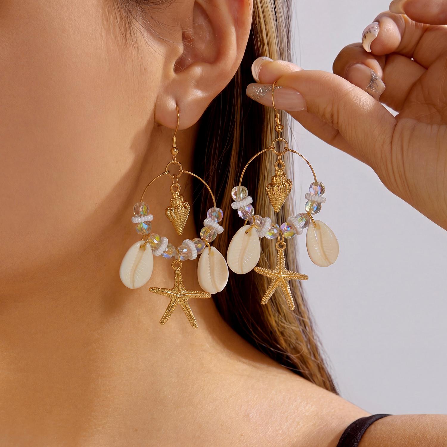 

Bohemian Rice Bead Big Circle Earrings for Women Starfish Shell Conch Seahorse Pendant Earrings Summer Beach Party Jewelry