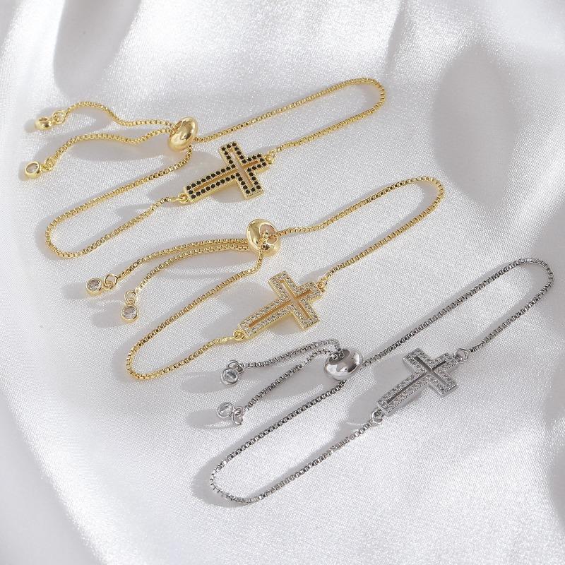 Electroplated Cross Bracelet with Hollow Design, Handcrafted Jewelry Featuring Zirconium Stones, Adjustable Bracelet