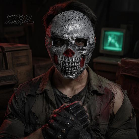 Masquerade Party Accessories Retro Distressed Silver Skull Mask for Halloween, Flexible PU Foam Horror Realistic Role Play with Adjustable Elastic