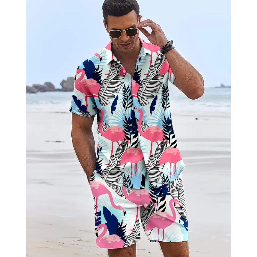 Funny 3D Flamingo Print Men's Shirt Beach Vacation Short Sleeve and Shorts Two-Piece Set