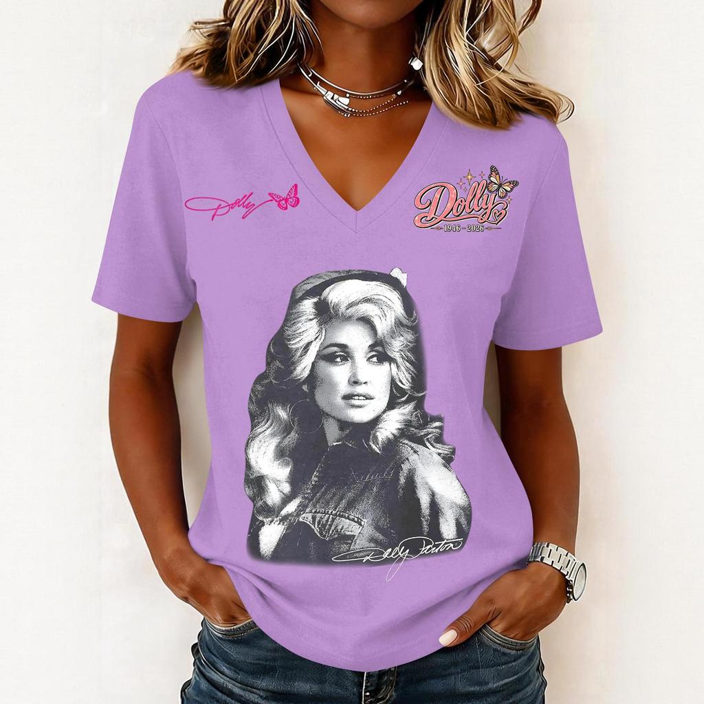 Women's Casual Letter Print V-Neck Short Sleeve Pullover Top