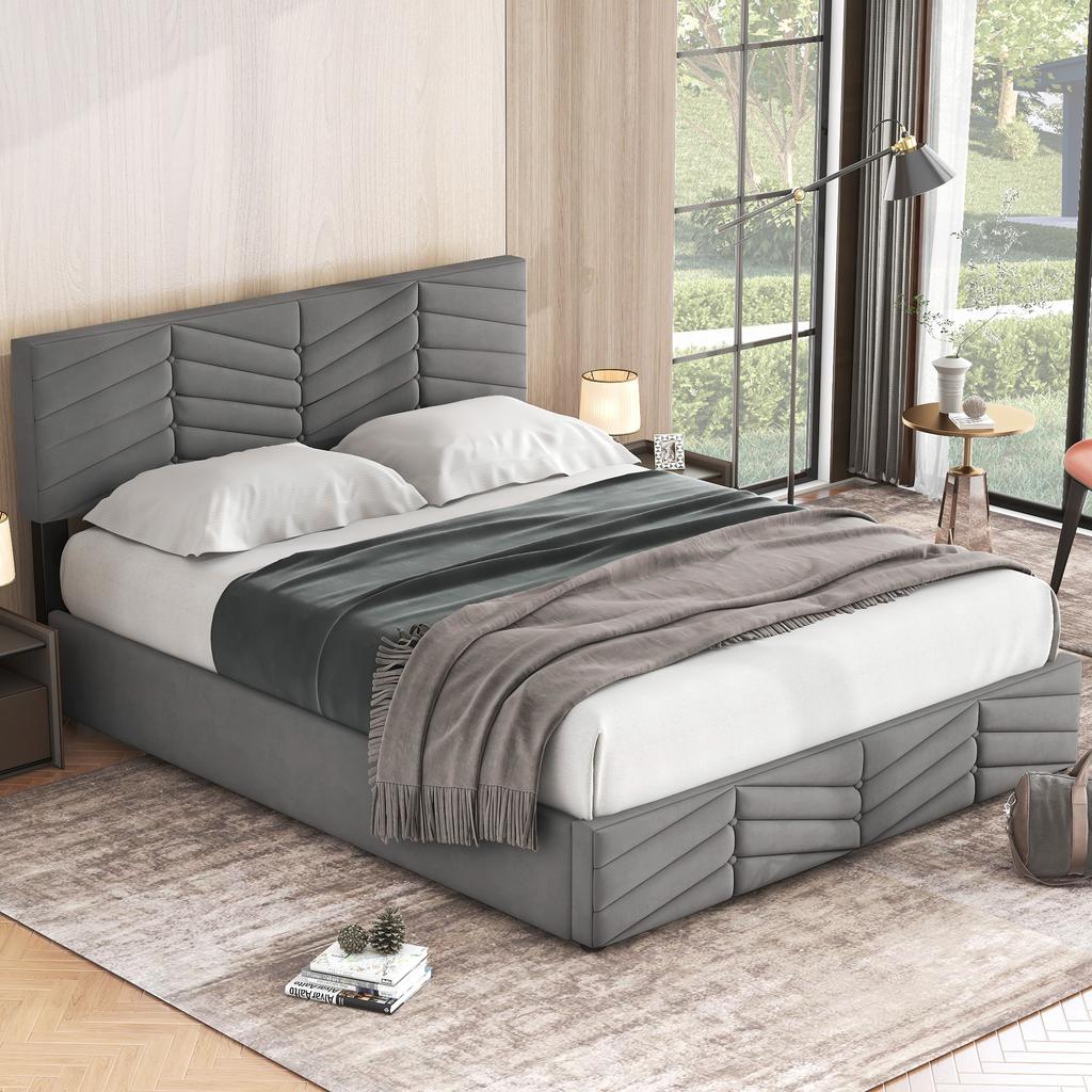 Upholstered Bed, Double Bed, Hydraulic Function Bed, Velvet, Striped Style, Continental Bed, Height-Adjustable Headboard, 140 X 200, Grey