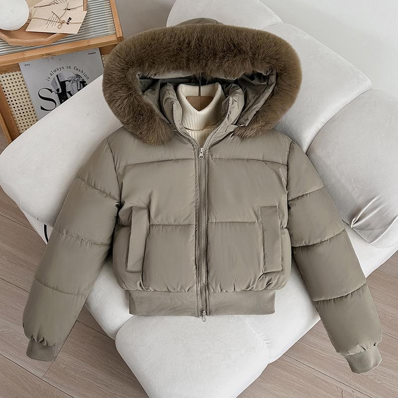 Winter neue Mode vielseitige Kapuzen-Daunen-Baumwollkleidung kurz großer Pelzkragen verdickt locker kleiner Mantel