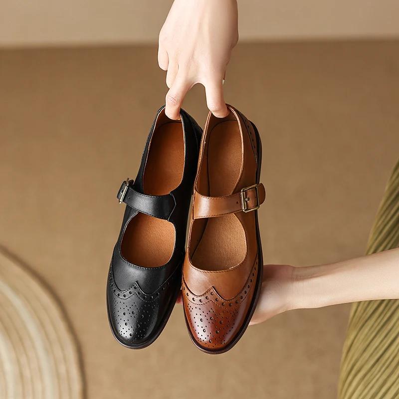 Fashion 2024 New Genuine Leather Low Heel Mary Jane Shoes Spring Women Shoes Chunky Heel Round Toe Shoes Women Pumps Retro Loafers