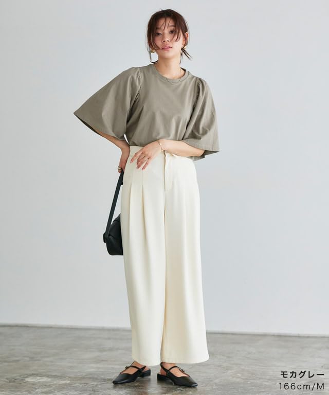 Pierrot Women's Medium Mocha Gray T-Shirt, Gathered Sleeve, Flared Sleeves, 100% Cotton, Washable, Solid Color, Short Sleeve