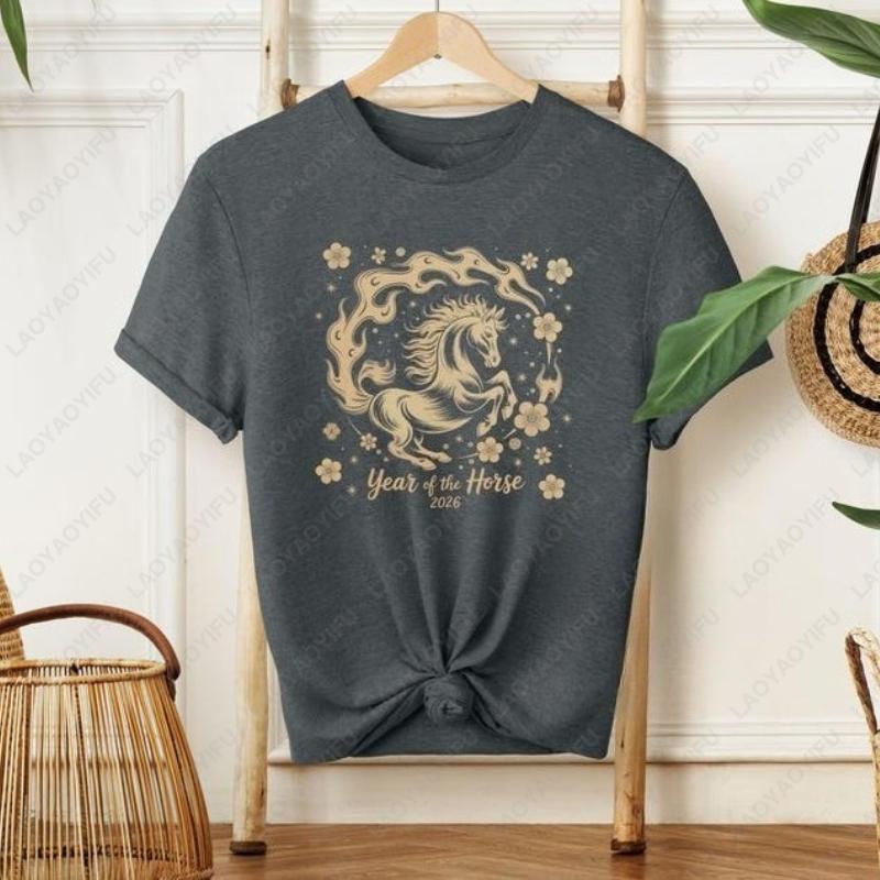 

Chinese New Year 2026 Year of The Horse Unisex Cotton Shirts Matching Group Party Outfit Gift Festival Graphic Oneck Tops Women S