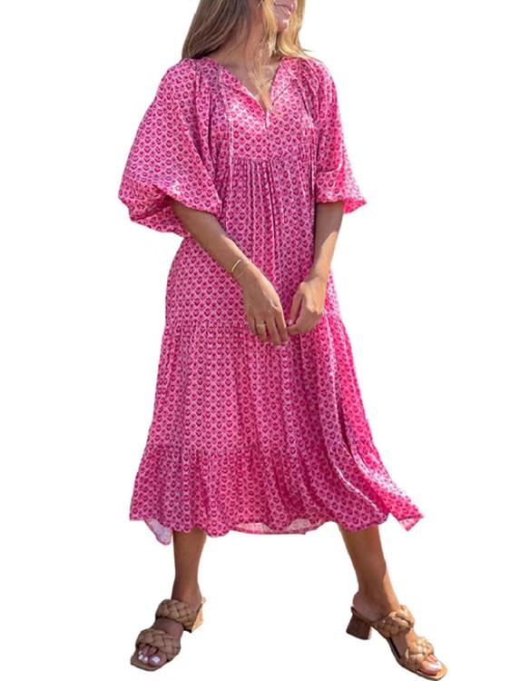 2023 Autumn New Independent Station Hot-selling Geometric Printing Bubble Sleeve Dress Street Fried Street Large Size Women's Clothing