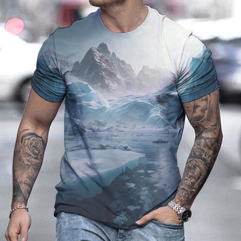New Spring Men's Personalized 3D Landscape Printed Short Sleeved T-shirt
