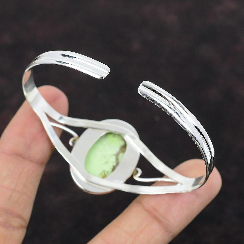 Lemon Chrysoprase Cuff Bracelet Genuine Gemstone Bangle 925 Sterling Silver Adjustable Cuff Bangle Beautiful Handmade Women Jewelry For Gift