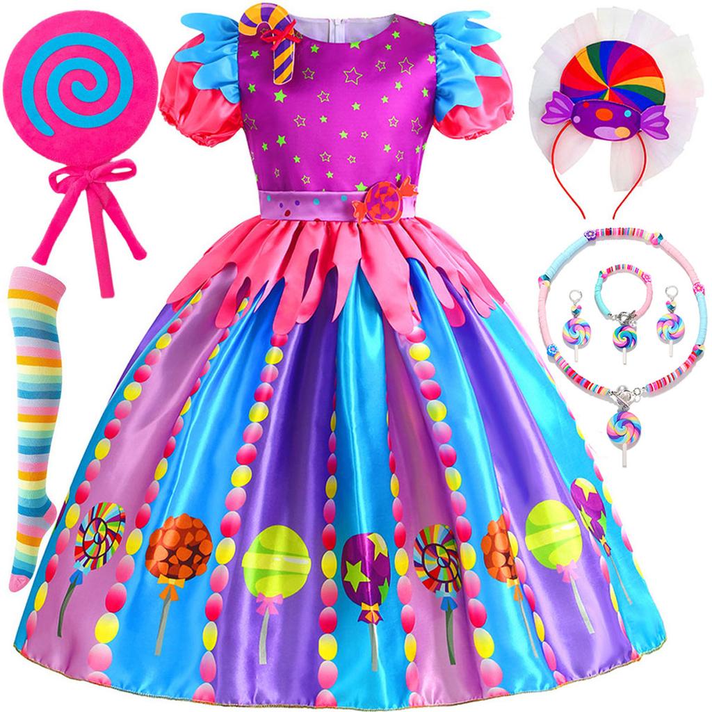 Purim Festival Suspender Rainbow Dress For Girl Candy Lollipop Costume Party Gift Candy Dress + Lollipop Accessories Suit
