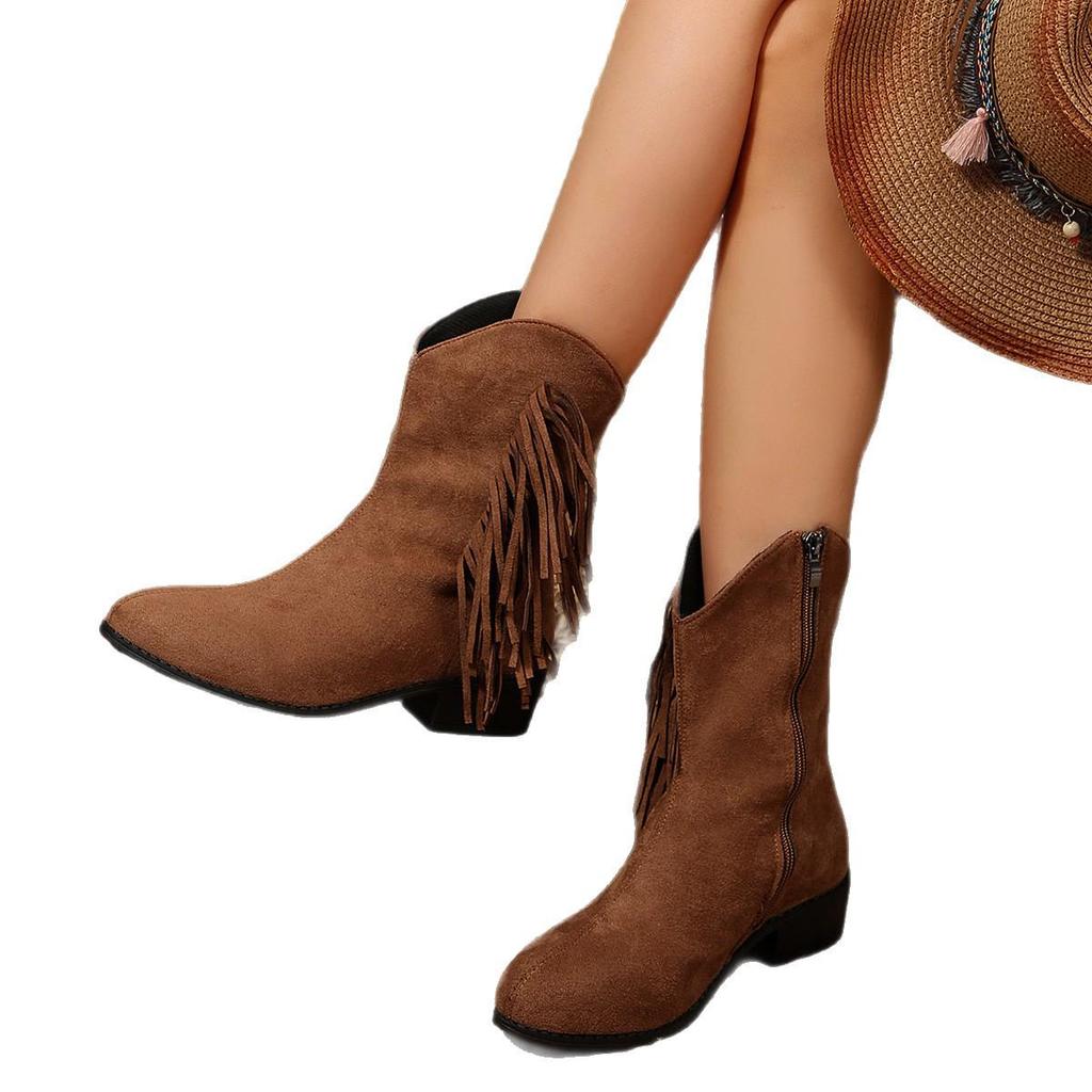 Women's Fringe Ankle Boots - Plus Size, Side Zipper, European/American Style, Autumn/Winter 2025 Fashion