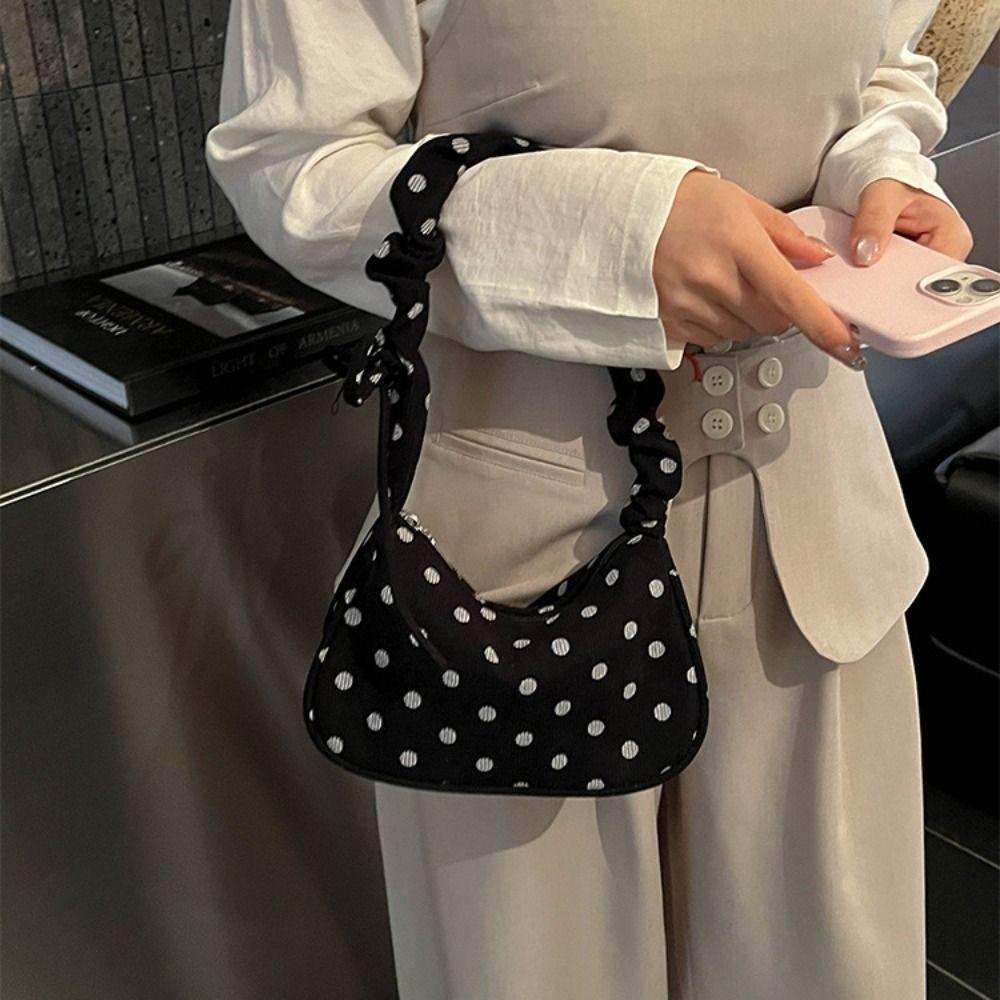 Cloth Polka Dot Shoulder Bag Ruched Strap Canvas Underarm Bag Comfortable Printed Handbag Shopping
