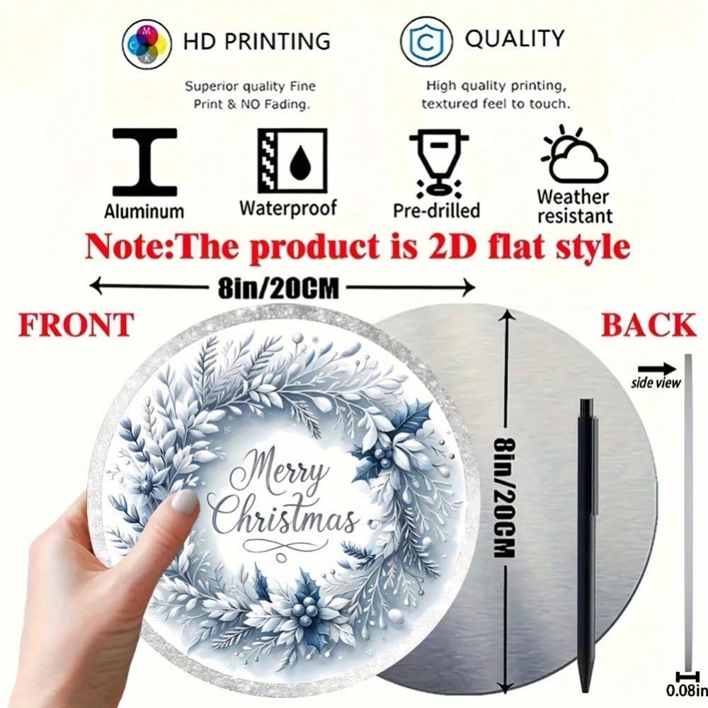 Elegant Blue White Christmas Wreath Floral Sign Round Aluminum Wall Art Holiday Home Porch Outdoor Gift