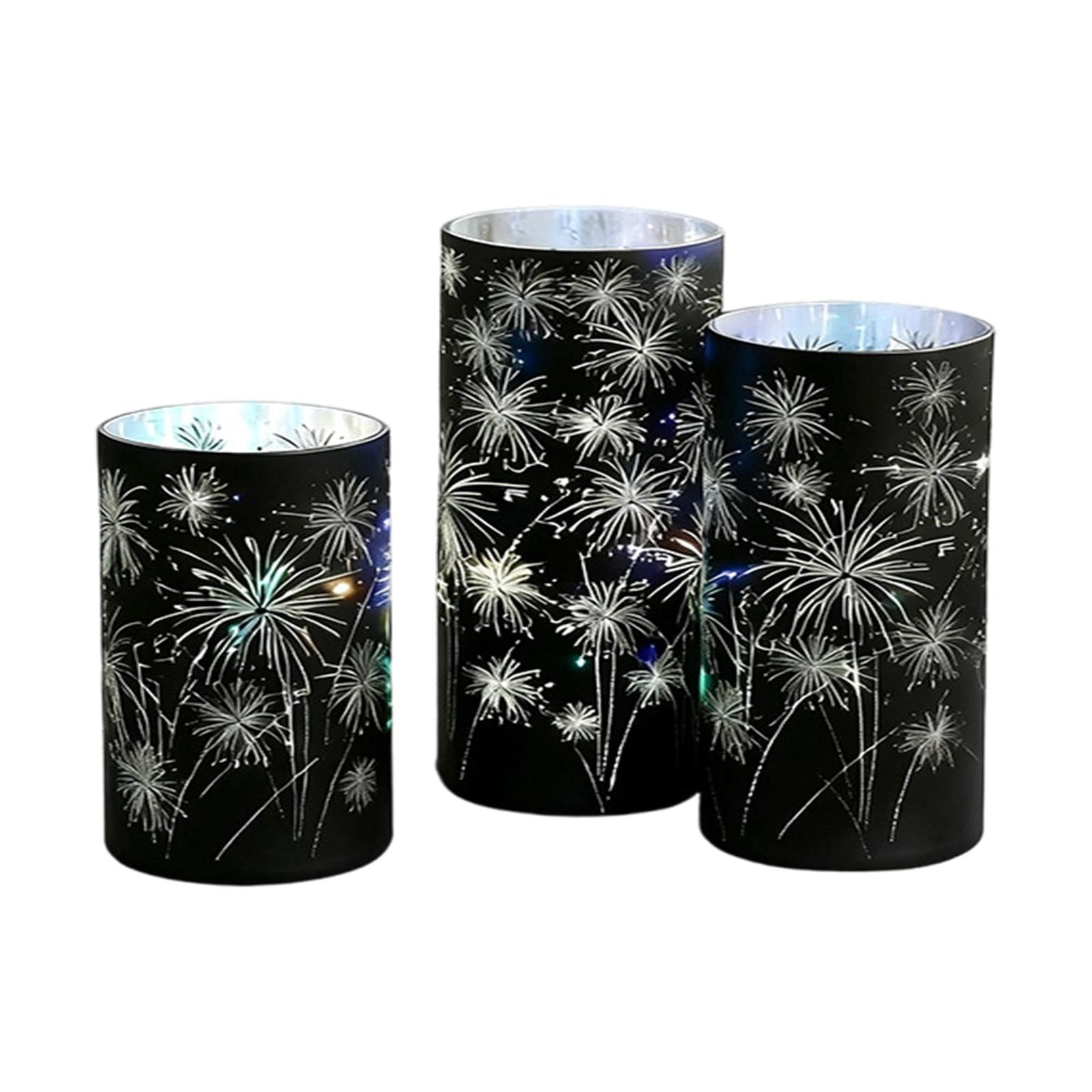 3-Piece Celebration Light Set - Etched Fireworks Starburst Glass Base With Warm LED Lights And A Flashing Decorative Centerpiece.