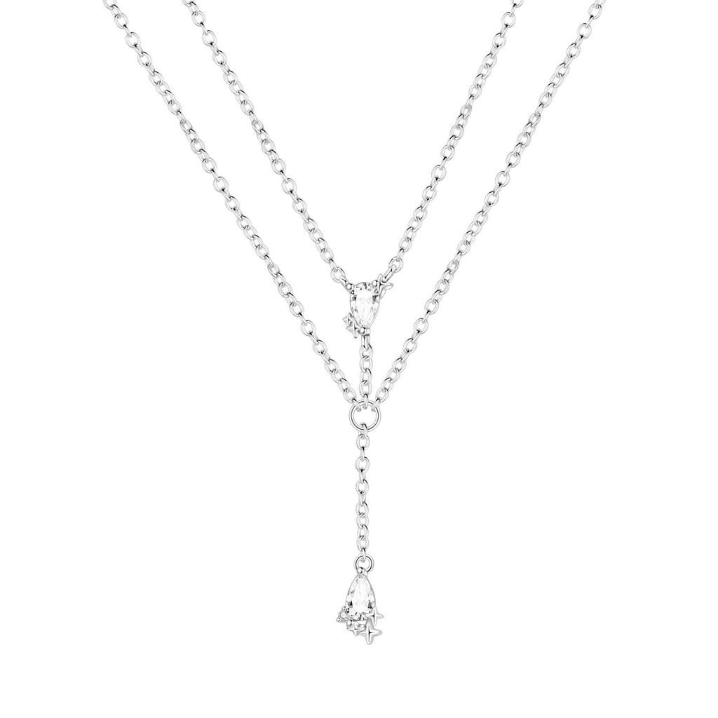 S925 Silver Fashion Star Moon Double Chain Drop Pendant Moon Octagram Zircon Fringe Necklace