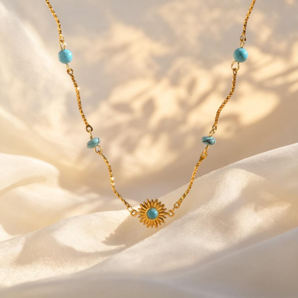 Stainless Steel Sun Pendant Necklace, Blue Natural Stone Beads Wave Chain Necklace for Women, Gold Plated Vintage Jewelry Gift