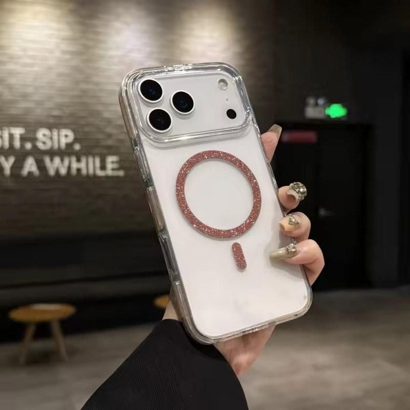 Luxury Glitter Bling For Magsafe Wireless Charge Circle Phone Case For iPhone11 12 13 14 15 16 17 Pro Max Plus 16e Clear Cover